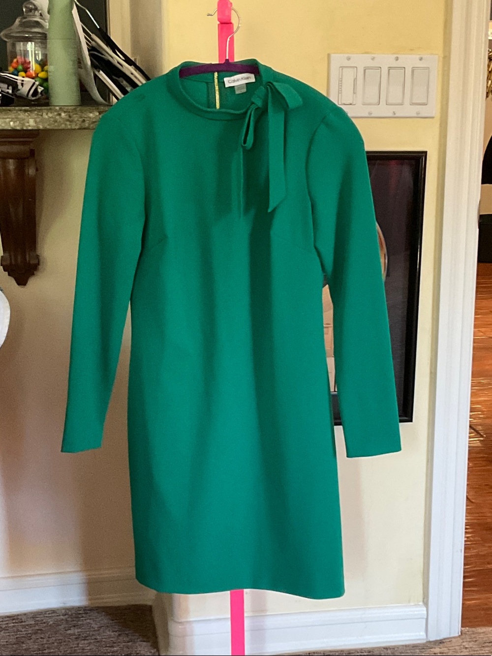 Calvin Klein Emerald Green Long-Sleeve Bow-Neck Shift Dress